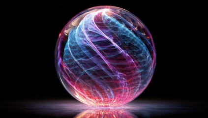 A vibrant, glowing sphere, filled with swirling energy lines of pink, blue, and purple hues, creates a captivating visual spectacle against a dark background.