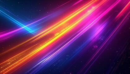 Colorful glowing stripes flowing diagonally, vibrant neon lights in rainbow palette