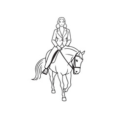 Black and white line art of a beautiful woman with perfect body riding horse elegant minimalist illustration