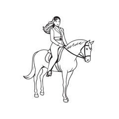 Black and white line art of a beautiful woman with perfect body riding horse elegant minimalist illustration