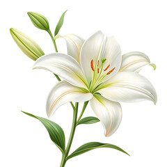 Obraz premium White lily flower with green stem and buds on isolated on a transparent background bloom petal