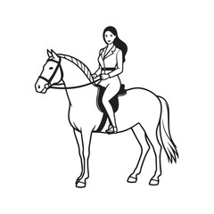 Black and white line art of a beautiful woman with perfect body riding horse elegant minimalist illustration