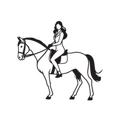 Black and white line art of a beautiful woman with perfect body riding horse elegant minimalist illustration
