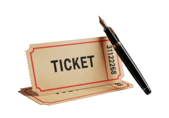Vintage light brown tickets with red borders, 'TICKET' text, layered with a black fountain pen, on a transparent background, clean still life concept