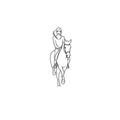 Black and white line art of a beautiful woman with perfect body riding horse elegant minimalist illustration