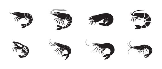 Shrimp fish icon set, shrimp silhouette vector, shrimp fish art icon, seafood and fishing design, Shrimp seafood black icon, shrimp fish icon art on a white background,  vector illustration EPS 10.