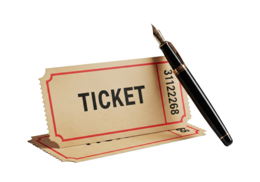 Vintage light brown tickets with red borders, 'TICKET' text, layered with a black fountain pen, on a transparent background, clean still life concept