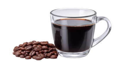 A clear glass mug filled with dark, rich coffee sits next to a pile of roasted coffee beans, isolated on a transparent background