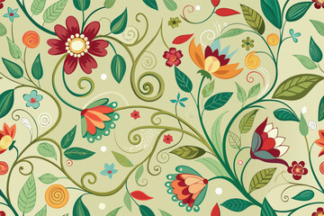 Colorful floral pattern filled with vibrant flowers and greenery on a light background
