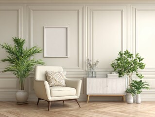 A calming and elegant interior design featuring a cream-colored armchair, light-toned cabinet, and lush houseplants against a backdrop of paneled walls.