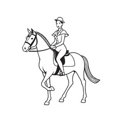 Black and white line art of a beautiful woman with perfect body riding horse elegant minimalist illustration