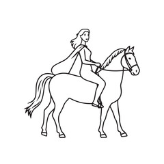 Black and white line art of a beautiful woman with perfect body riding horse elegant minimalist illustration