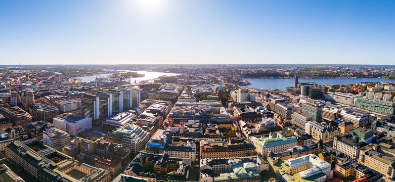 Stockholm, Sweden, panoramic view of downtown, with the central station, the old town and the royal palace, bright sunshine.