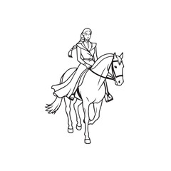 Black and white line art of a beautiful woman with perfect body riding horse elegant minimalist illustration