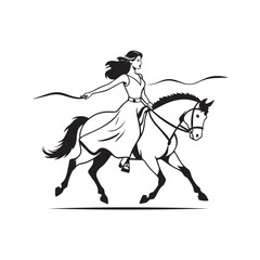 Black and white line art of a beautiful woman with perfect body riding horse elegant minimalist illustration