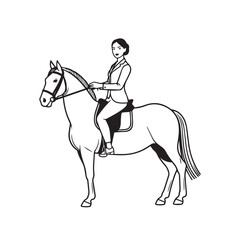 Black and white line art of a beautiful woman with perfect body riding horse elegant minimalist illustration