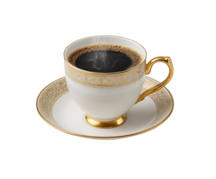 A steaming cup of hot black coffee in an elegant white and gold porcelain teacup and saucer, isolated on a transparent background, perfect for morning or break time