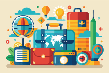 Travel essentials and gear illustrated with vibrant colors and fun design motifs