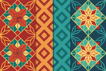 Colorful geometric patterns inspired by traditional art styles in a vibrant design display