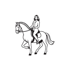 Black and white line art of a beautiful woman with perfect body riding horse elegant minimalist illustration