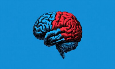 A stylized illustration of a human brain, bisected into vibrant red and blue halves, set against a plain azure background.