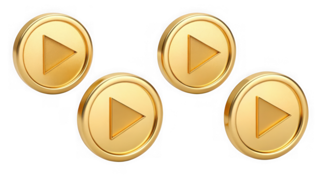 Four golden play buttons isolated on transparent background