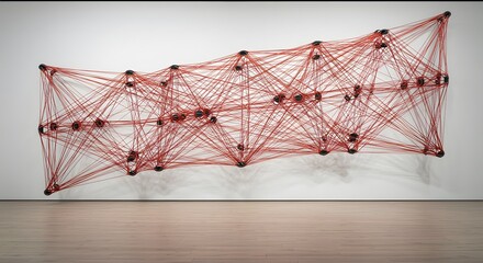 Abstract Red String Art Installation with Black Nodes