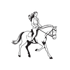 Black and white line art of a beautiful woman with perfect body riding horse elegant minimalist illustration