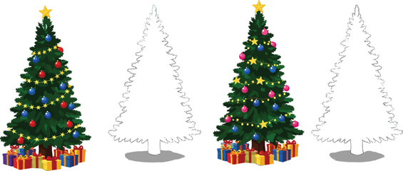 Christmas tree comparison illustration, decorated and outline trees, holiday activity graphic, gift box design, festive art, seasonal concept