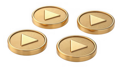 Four golden play buttons isolated on transparent background