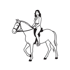 Black and white line art of a beautiful woman with perfect body riding horse elegant minimalist illustration