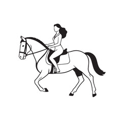 Black and white line art of a beautiful woman with perfect body riding horse elegant minimalist illustration