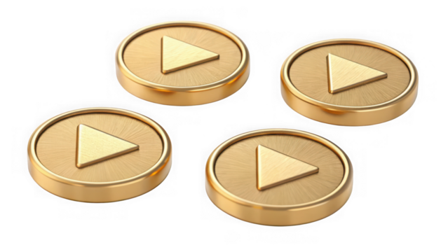 Four golden play buttons isolated on transparent background