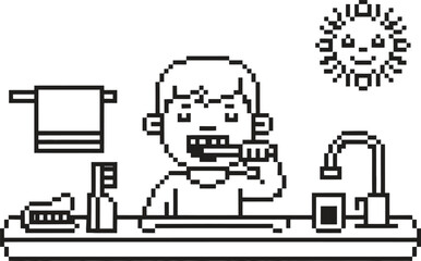 Child brushing teeth in bathroom with toothbrush and toothpaste