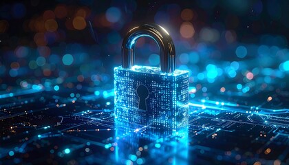 A digital rendering of a glowing padlock, symbolic of data security, overlaid on a circuit board with abstract bokeh