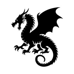 A vector dragon black color silhouette with spiky wings and flaming breath and powerful vector illustration