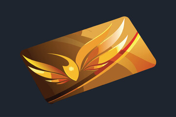 Graphic design featuring a golden card with a winged emblem on a dark background, representing elegance and luxury