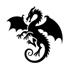 A vector dragon black color silhouette with spiky wings and flaming breath and powerful vector illustration