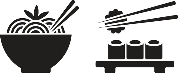 Simple black silhouette icons of ramen noodles and sushi © NASRIN