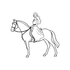 Black and white line art of a beautiful woman with perfect body riding horse elegant minimalist illustration