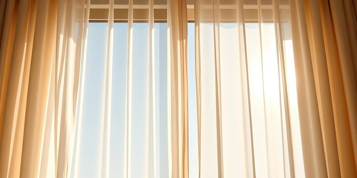 Elegant sheer curtains gently billowing in a sunlit window, textile, warm - Powered by Adobe