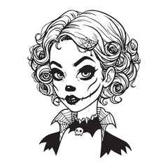 Detailed Line Art Of A Gothic Girl With Curly Hair And Skull Necklace