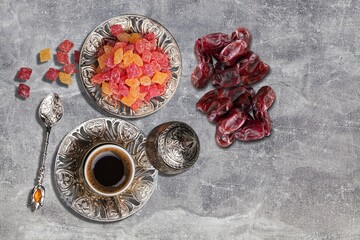 Ramadan concept, sugar in muslim bronze plate