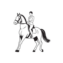Fototapeta premium Black and white line art of a beautiful woman with perfect body riding horse elegant minimalist illustration