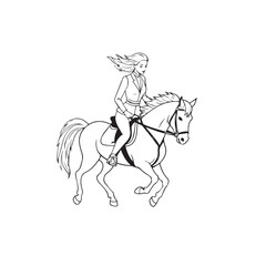 Black and white line art of a beautiful woman with perfect body riding horse elegant minimalist illustration