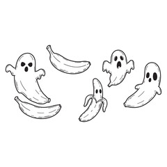 Ghosts and bananas in doodle style fruit spooky