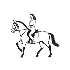 Black and white line art of a beautiful woman with perfect body riding horse elegant minimalist illustration