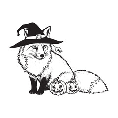 Halloween Fox Wearing Witch Hat with Pumpkins and Skull