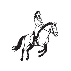 Black and white line art of a beautiful woman with perfect body riding horse elegant minimalist illustration