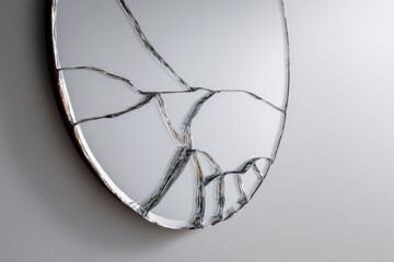 Fragmented Reflection - A Stark, Angled View of a Shattered Oval Mirrors Web of Cracks.